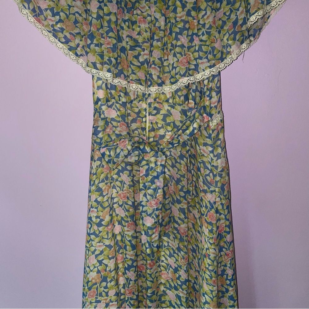 Camela of California S Maxi Dress 70s Ball Gown Blue Ditsy Floral Ruffle Boho - Picture 7 of 10